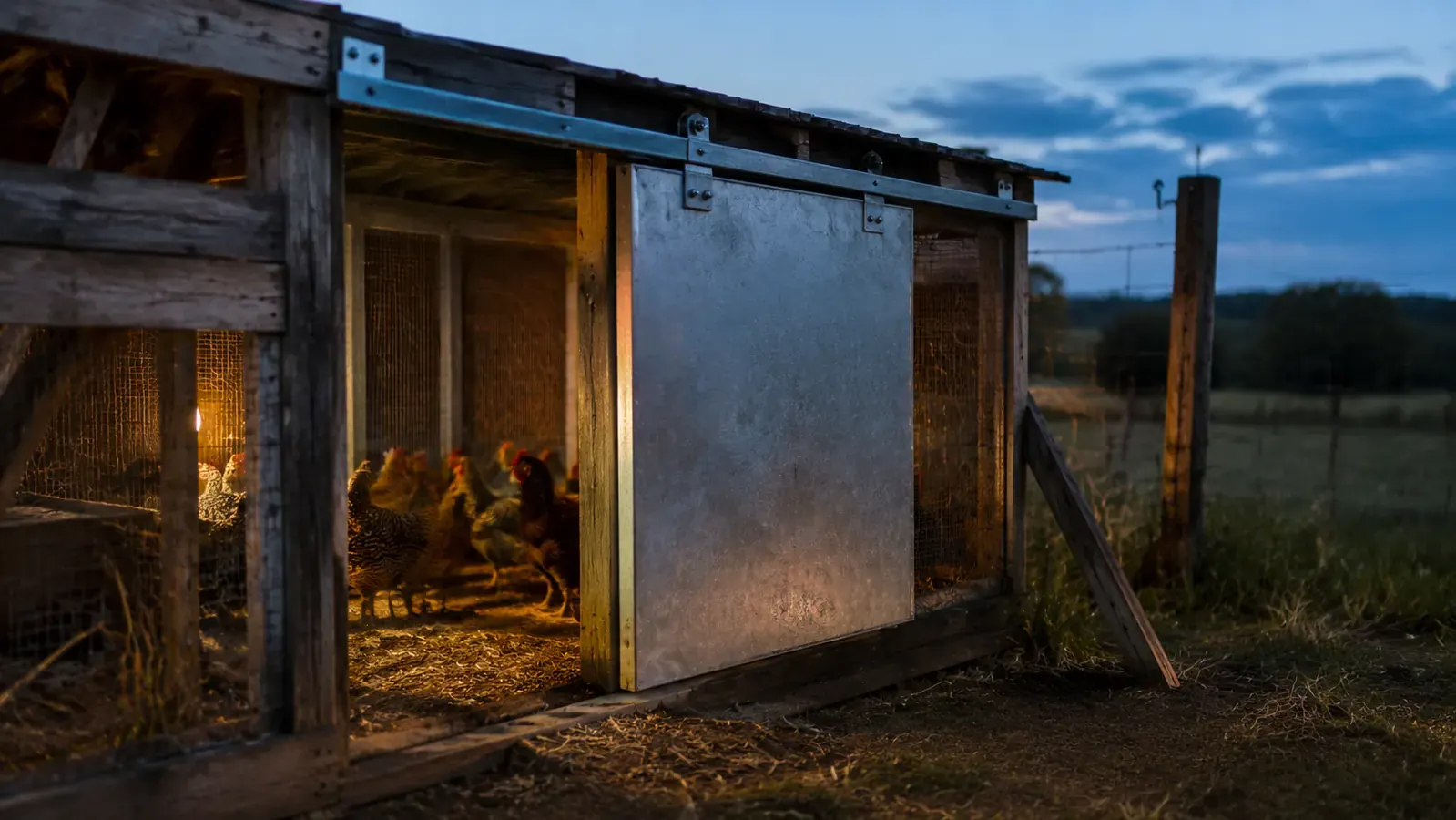 A dusk view of a wooden chicken coop with an automatic door sliding closed, warm light inside and pasture beyond