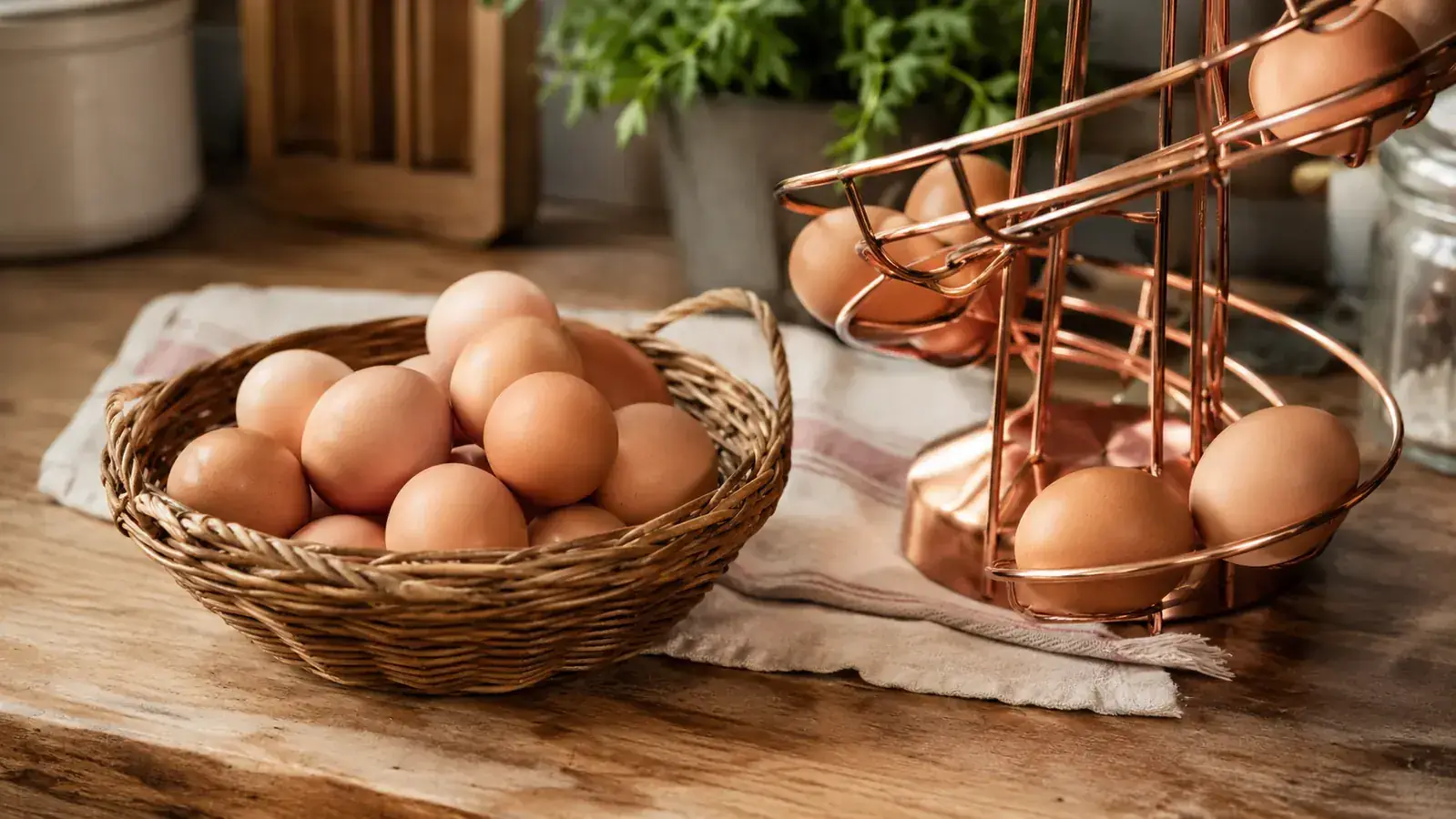 A shallow woven basket of freshly gathered brown eggs beside a partly filled rose gold egg skelter