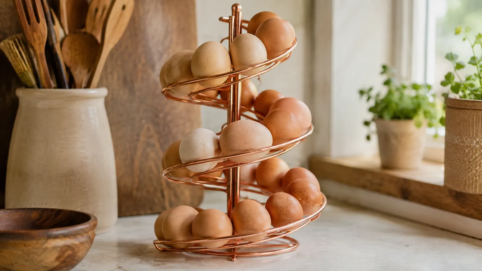 A rose gold spiral egg skelter full of brown and cream farm eggs on a farmhouse kitchen counter in soft morning light