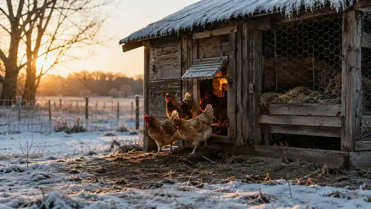 A frosted Missouri chicken coop at dawn in deep winter, warm light spilling from the open pop door and snow on the bare pasture