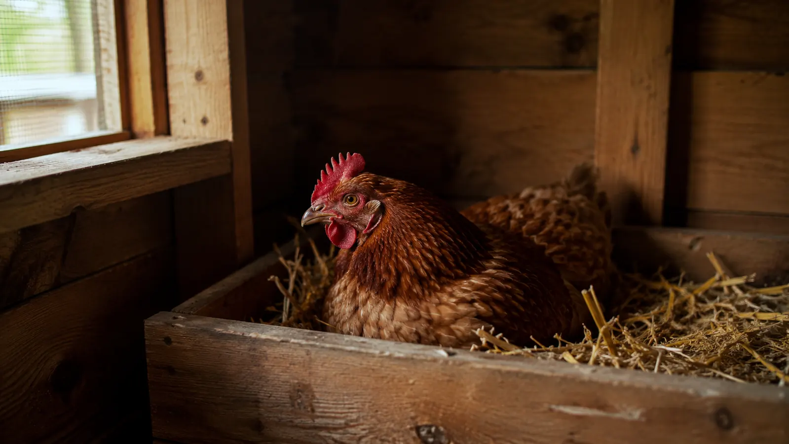 Inside a clean wooden coop, a hen sitting in a nesting box filled with fresh straw