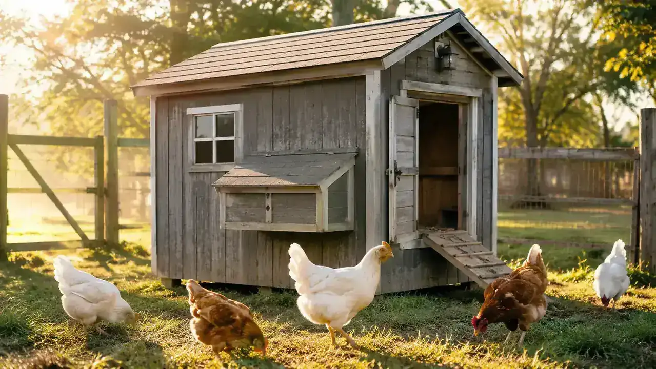 A grey wooden chicken coop sitting in a grassy Missouri backyard at morning, several hens scratching in the foreground