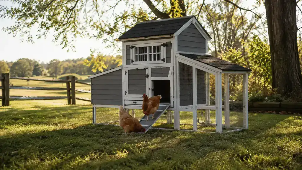 A grey wooden Aivituvin chicken coop sitting in a fenced rural Missouri backyard in soft morning light, a couple of hens near the ramp