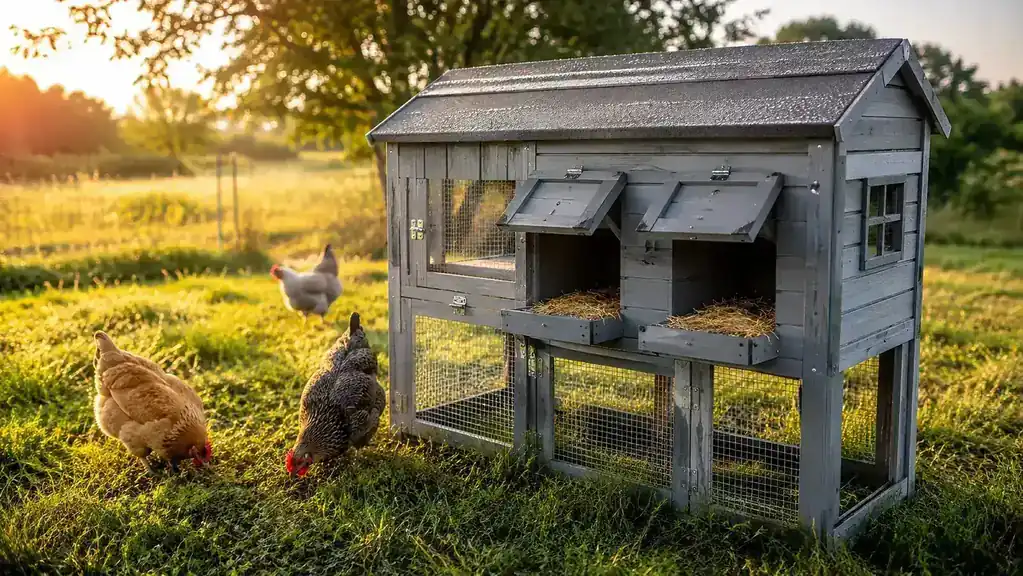 A grey wooden chicken coop with two nesting boxes sitting in a green pasture at soft morning light, a few hens scratching in front