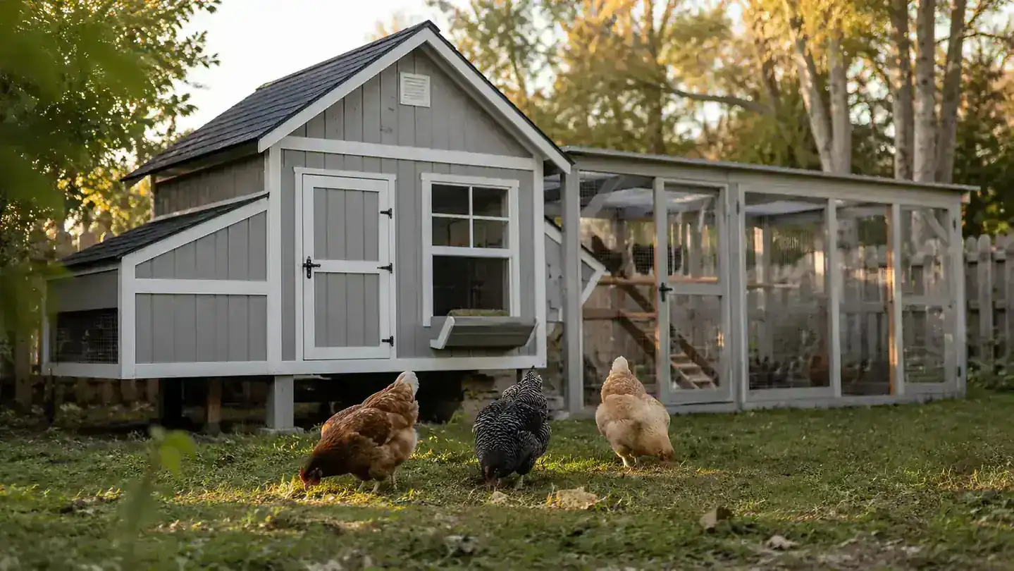 A grey wooden Aivituvin chicken coop with a fenced run sitting in a green backyard at morning, a few hens out front