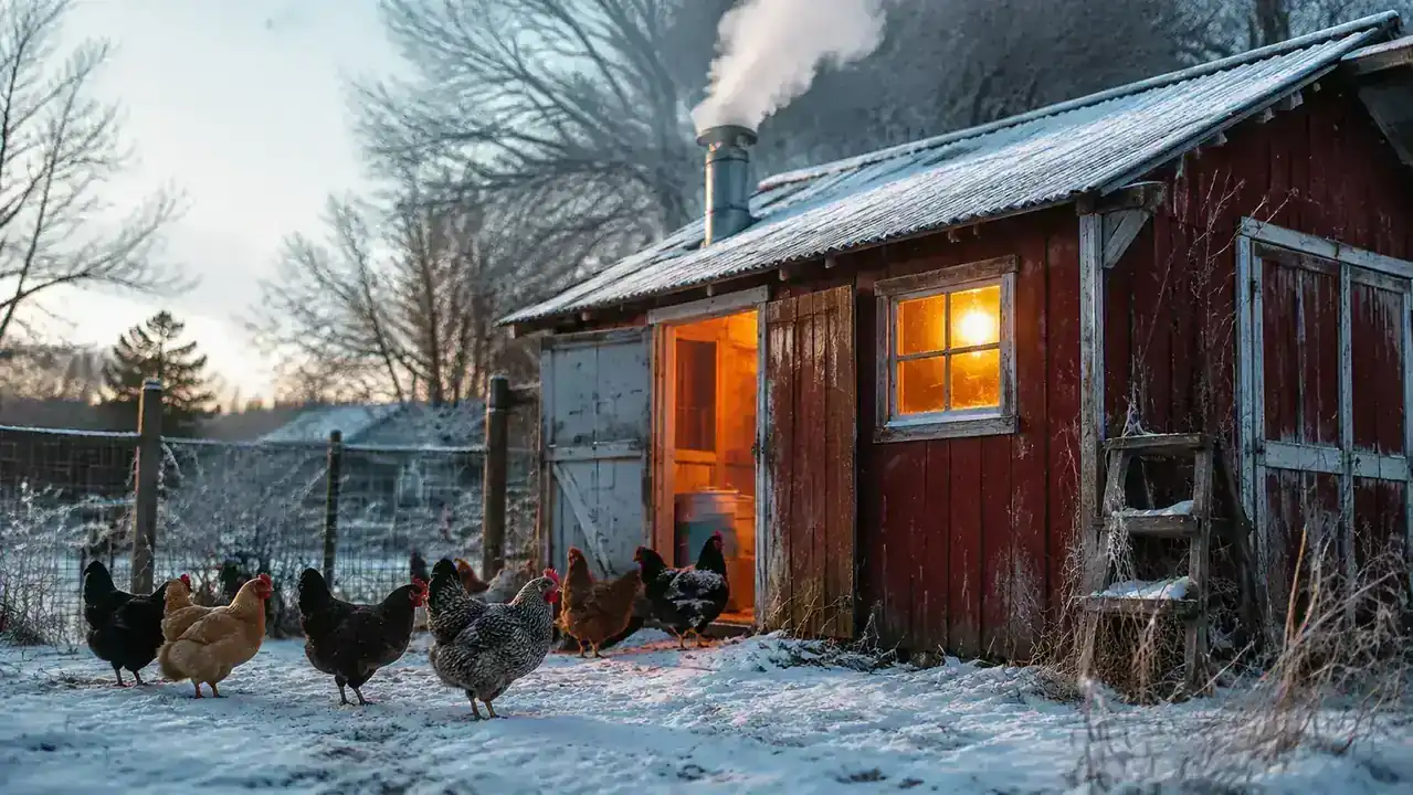 Steam rising off a barn-red chicken coop roof on a snowy gray January morning, a warm glow in the little window