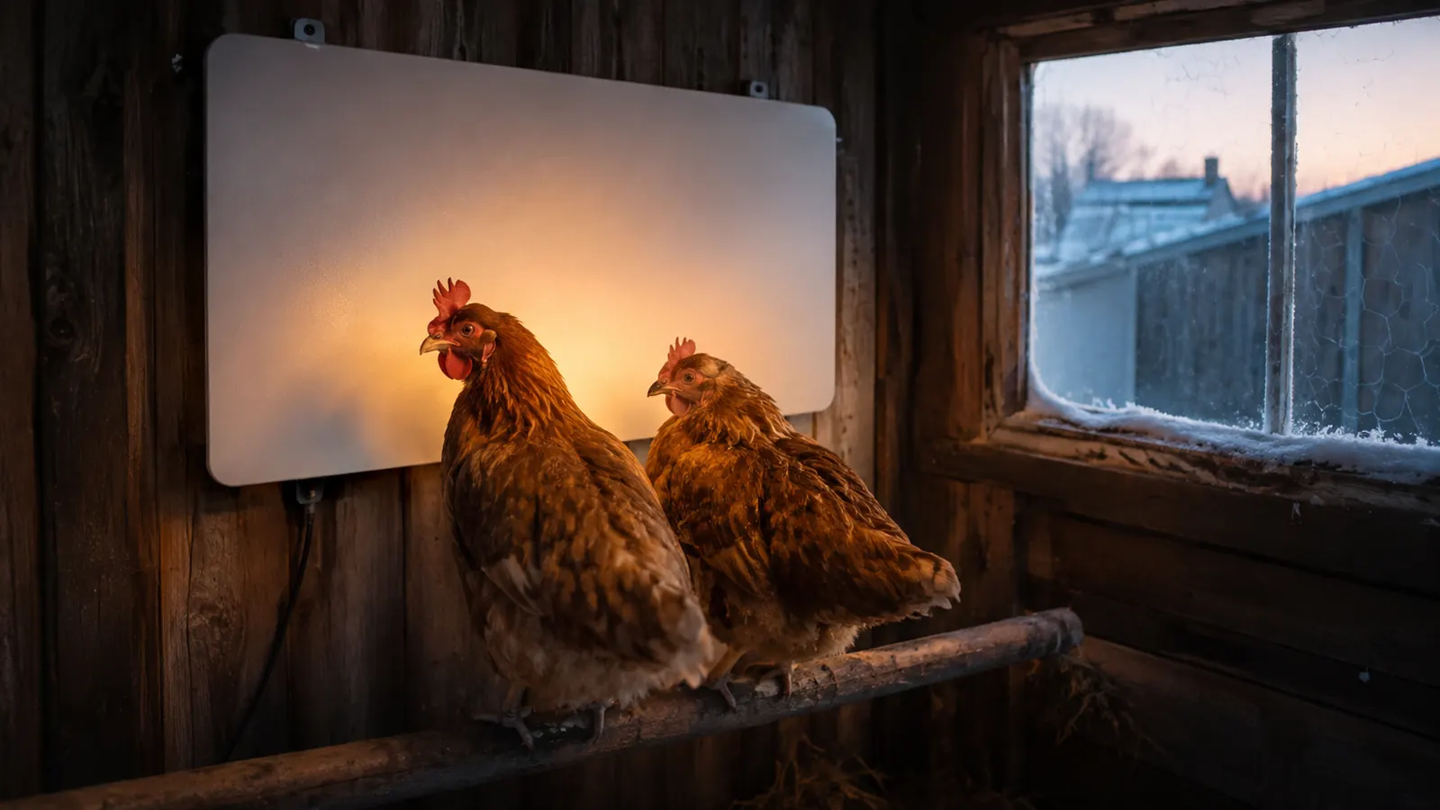 A flat white panel heater mounted on the inside wall of a wooden coop, just above a roosting bar where two hens perch on a cold winter evening