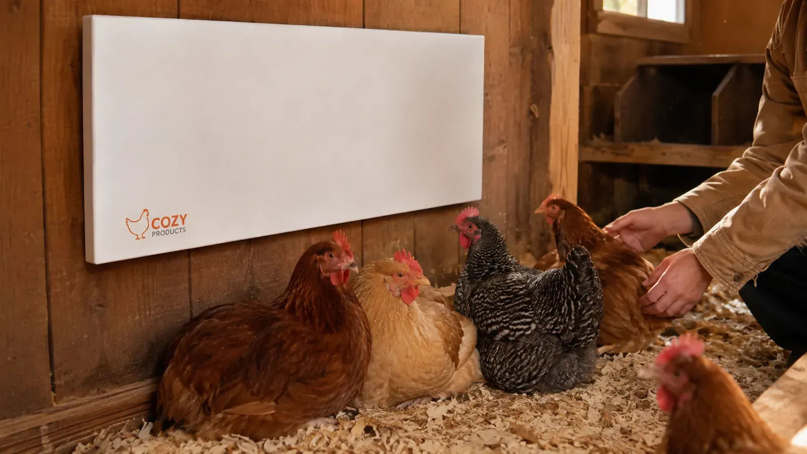 A thin white flat-panel heater mounted flat on the coop wall with hens roosting beneath it