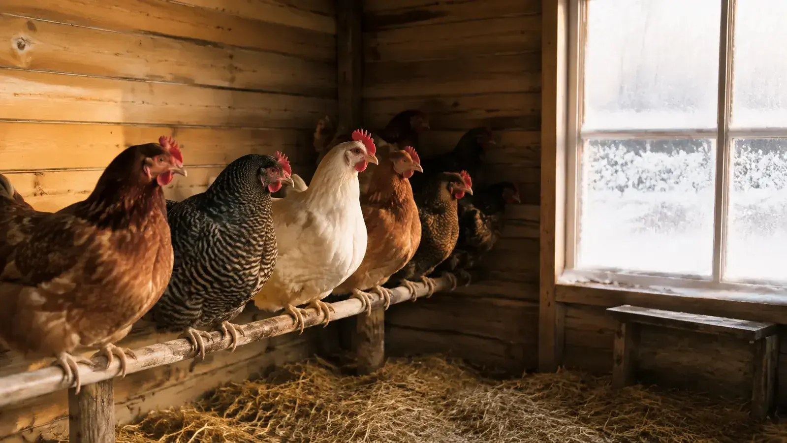 Warm chicken coop interior on a winter morning, hens roosting on a wooden bar under soft light through a frosty window