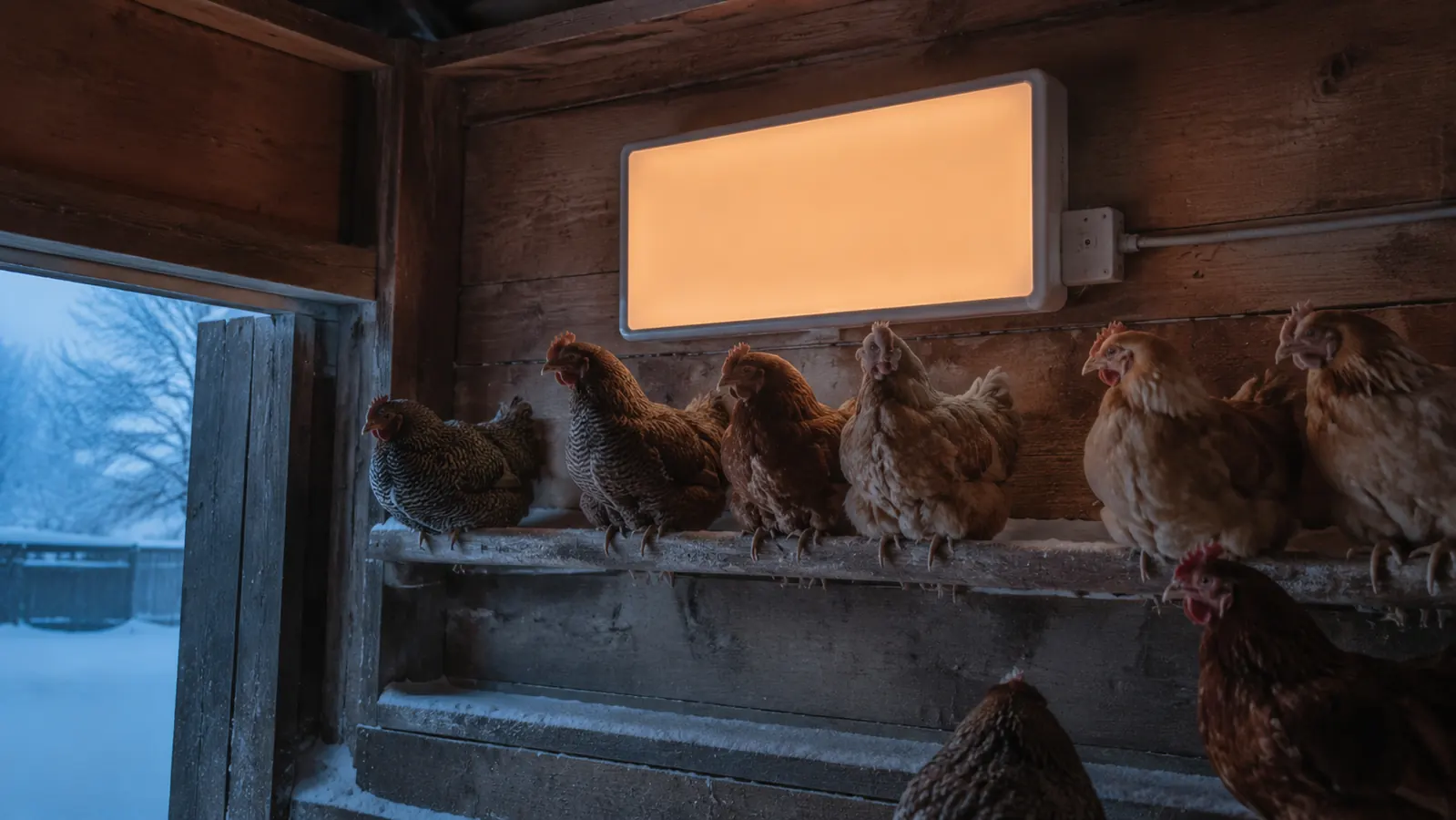 Flat-panel Cozy Coop heater mounted on a wooden coop wall over a roosting bar at dawn, frost on the wood