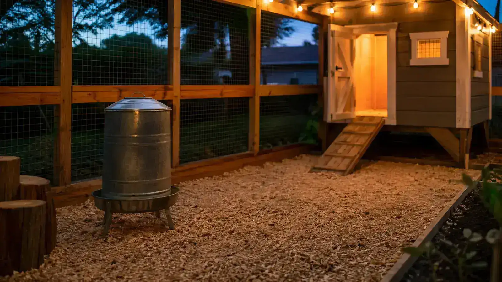 A clean, tidy chicken coop run at dusk with dry shavings and no signs of rats, the galvanized feeder standing in the corner