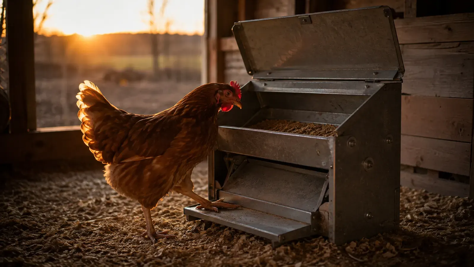 A rust-colored hen stepping onto the treadle pedal of a galvanized steel feeder, the lid open showing a tray of layer feed, set in a warm coop at dusk