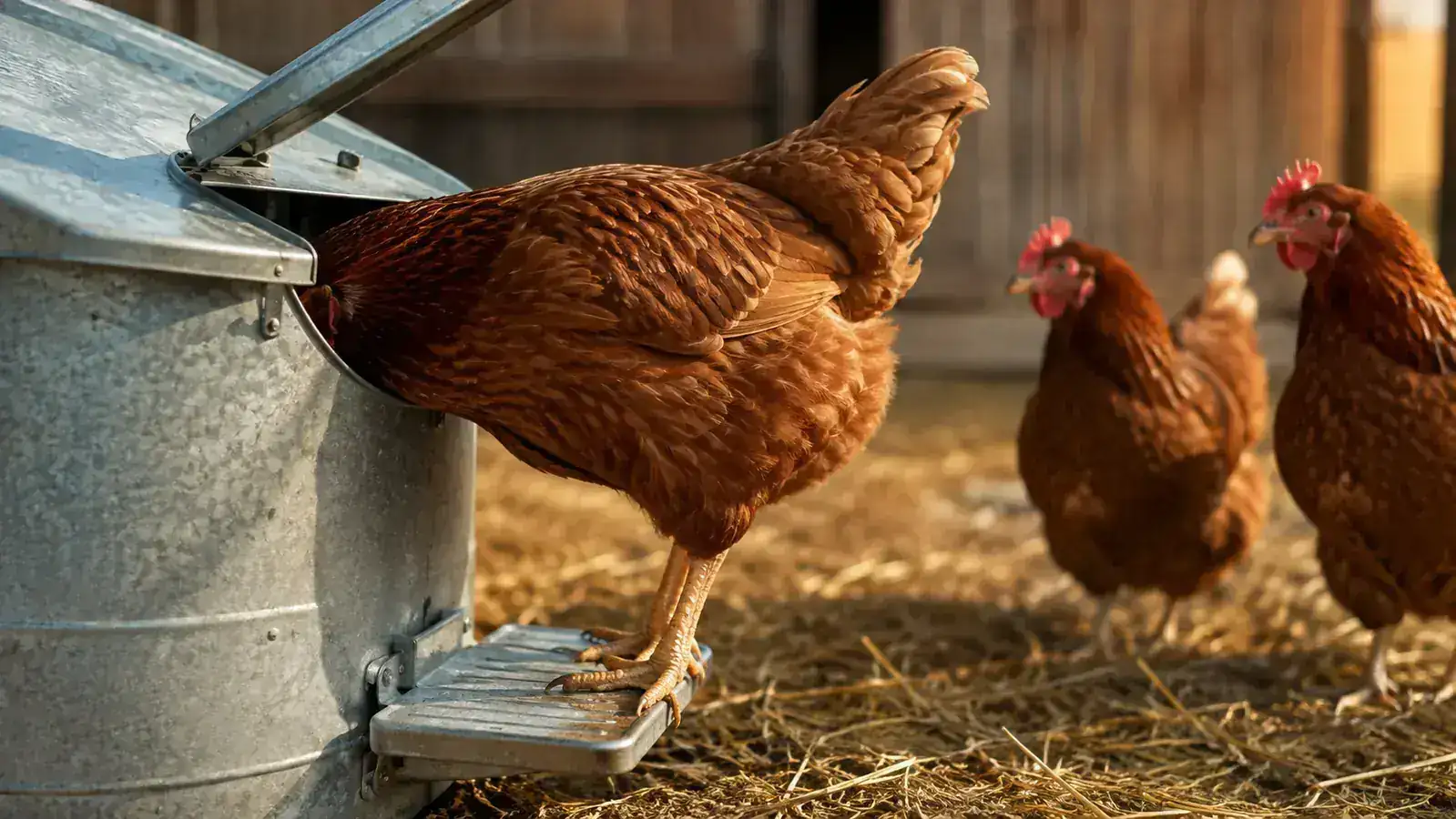 A Rhode Island Red hen stepping onto the treadle platform of the galvanized feeder with the lid raised, two more hens waiting behind in straw