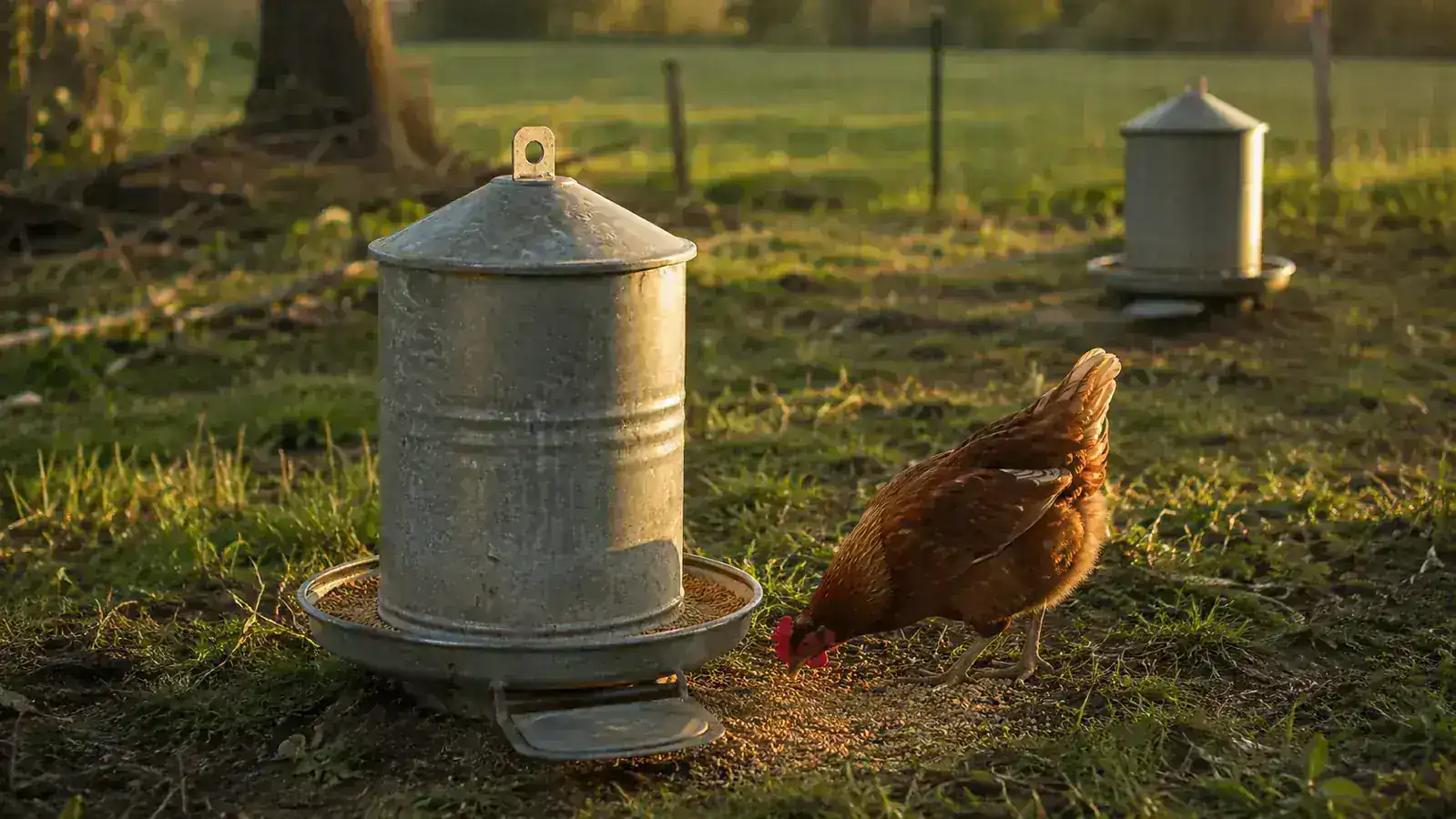 A galvanized treadle feeder standing in a grassy Missouri run at golden hour, a hen scratching loose grain near the treadle plate and a second feeder just visible in the background