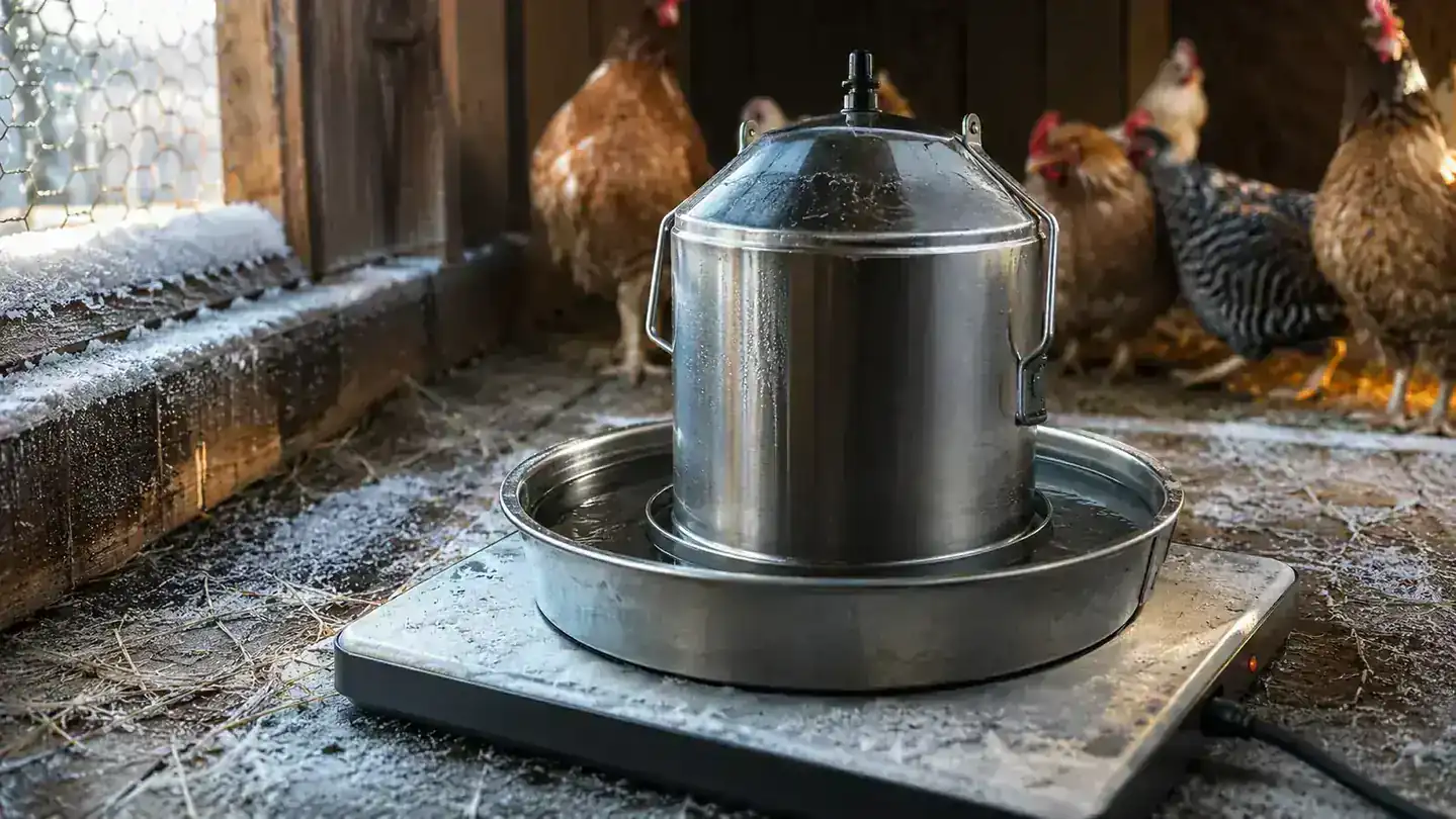 A stainless steel poultry waterer sitting on a heated base inside a coop, thin frost line around the rim and unfrozen water visible