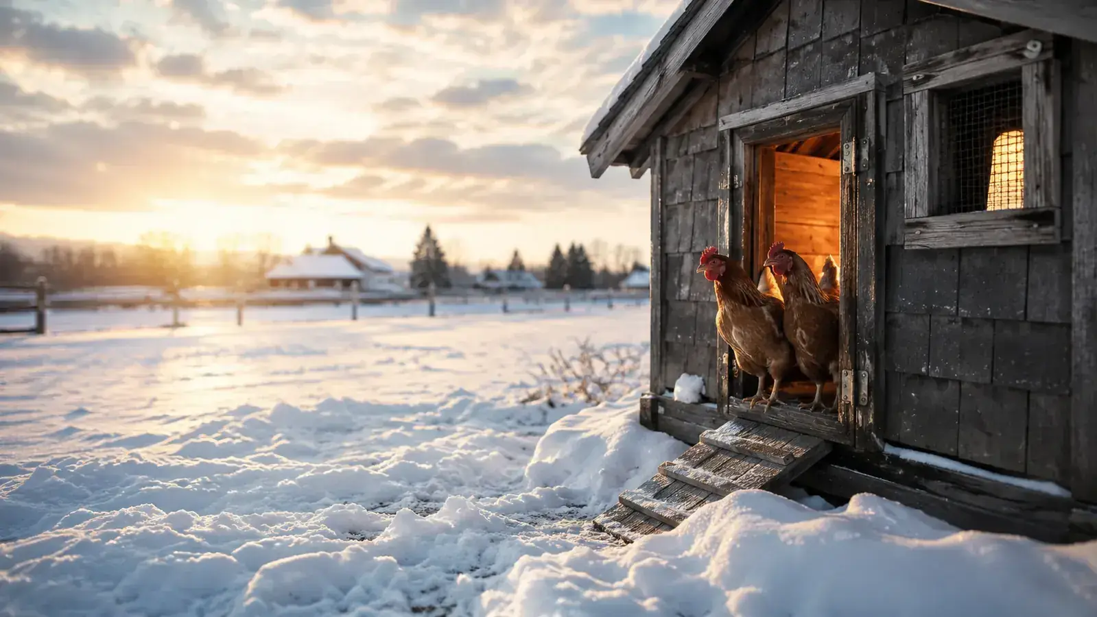 A small wooden chicken coop dusted with snow in early morning, steam rising from the vent, two hens perched at the door