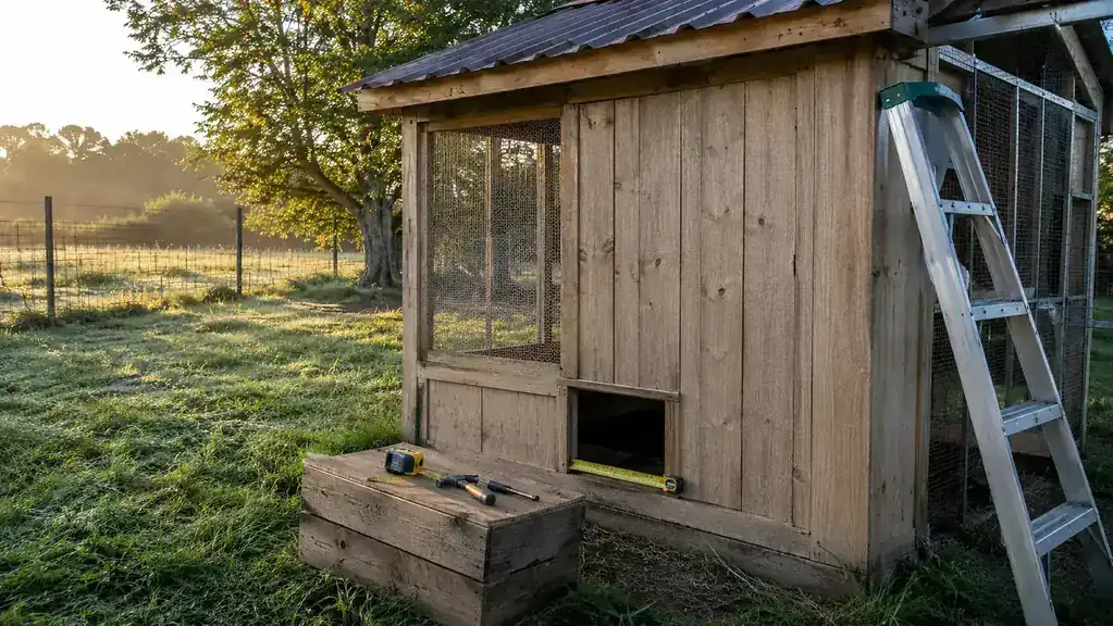 A ladder leaned against a wooden chicken coop with the pop hole opening being measured, morning light, tools on a nearby crate