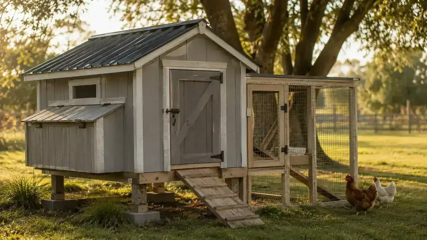 A grey wooden chicken coop in a fenced yard at golden hour, a small ramp leading up to the door, warm morning light on the grass
