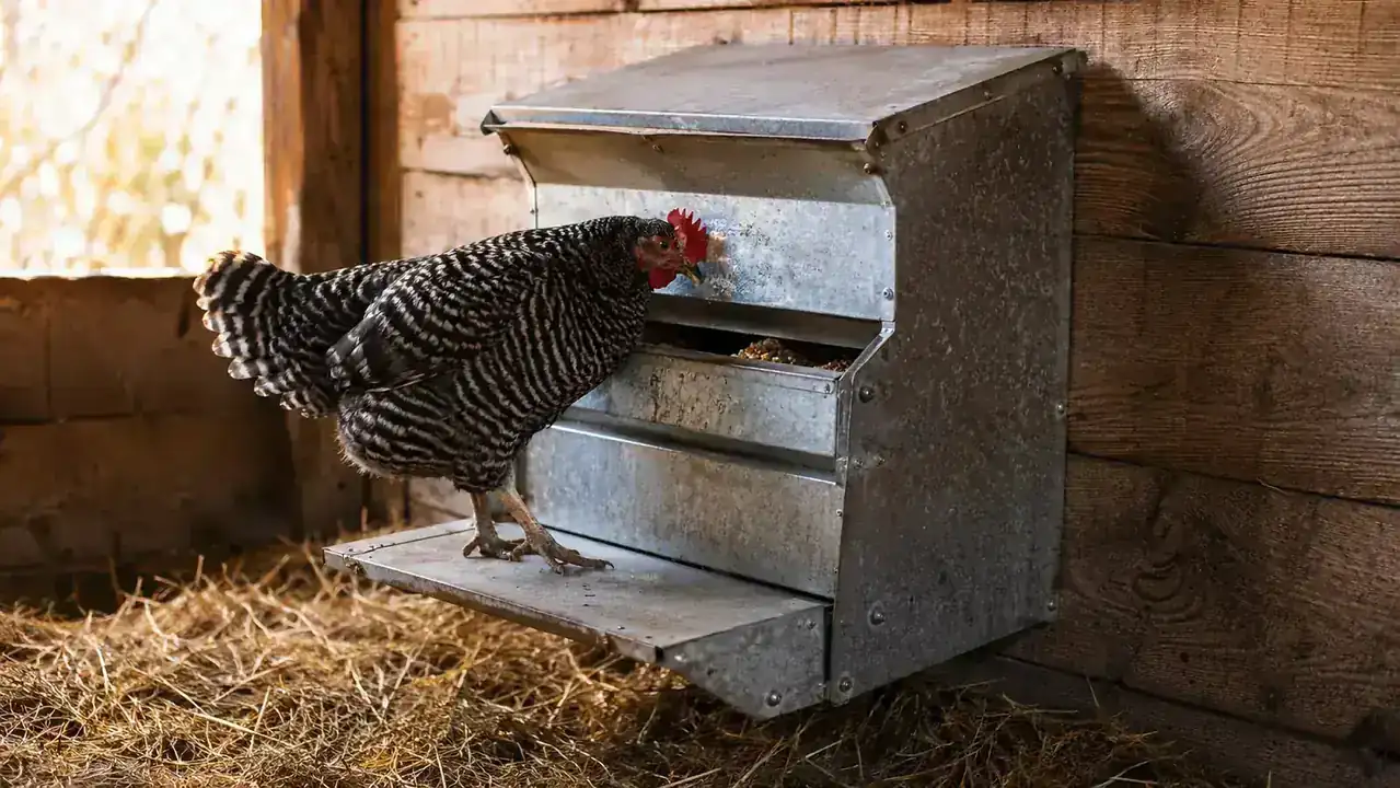 A galvanized steel treadle chicken feeder standing on dry straw inside a wooden coop at dusk, with a hen stepping up to eat