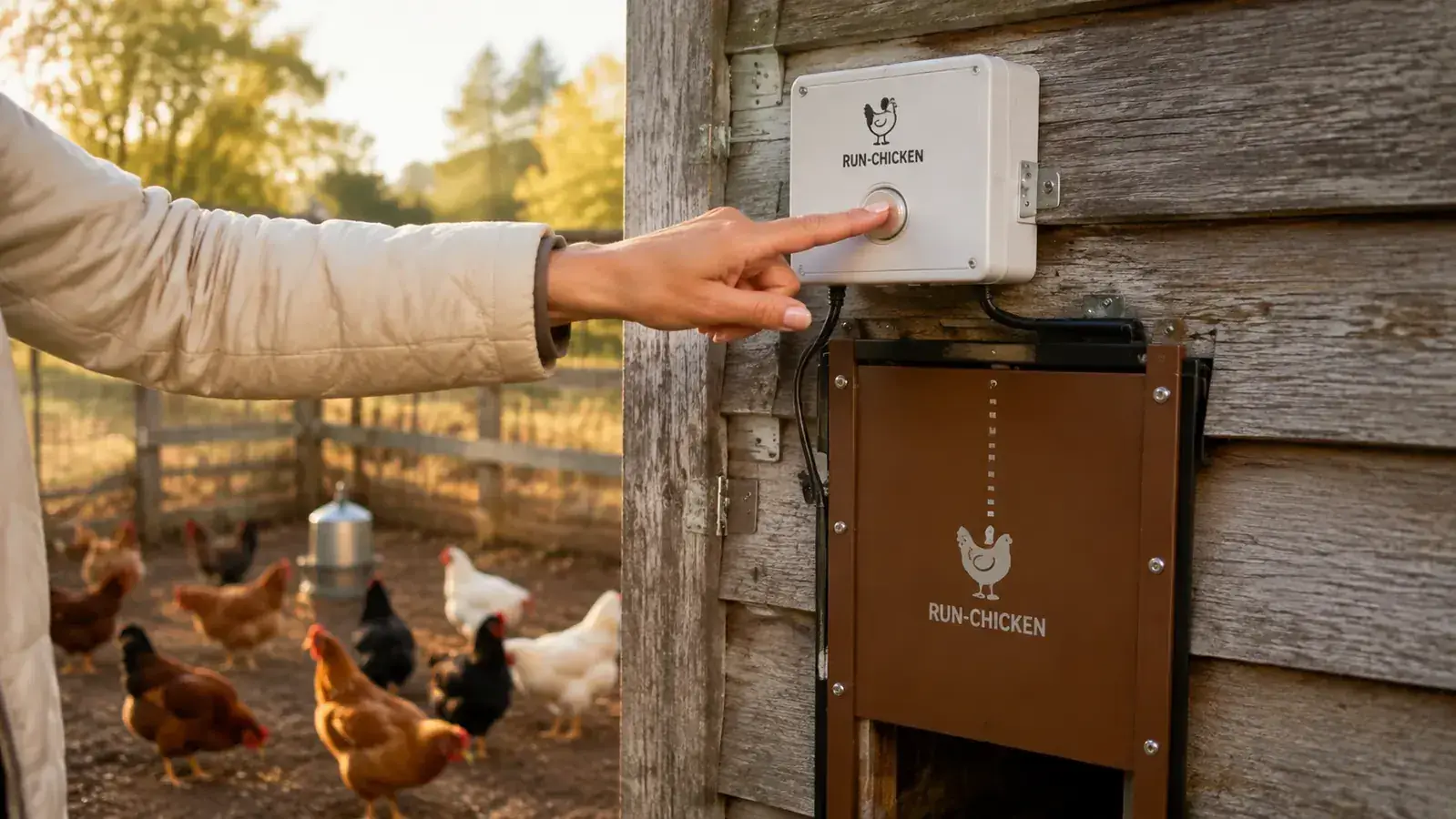A hand pressing a programmed button on the small control unit of a RUN-CHICKEN automatic coop door mounted near the door
