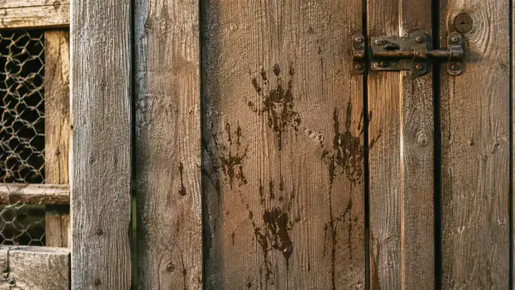 Close-up of a muddy raccoon paw print on the front of a wooden chicken coop door in the morning light