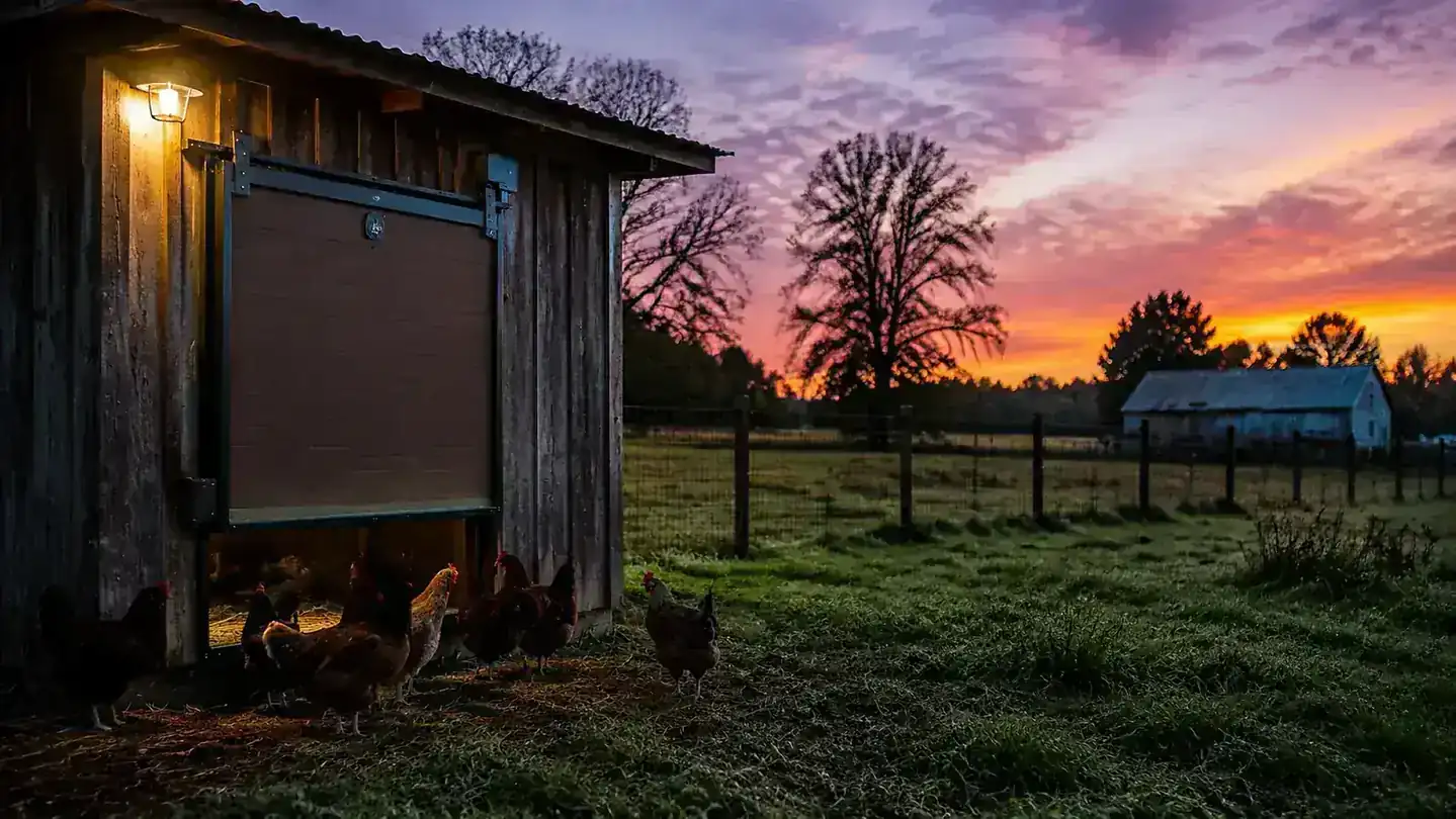 A brown automatic coop door on a wooden chicken coop at dusk with a light on, Missouri farmyard in the background