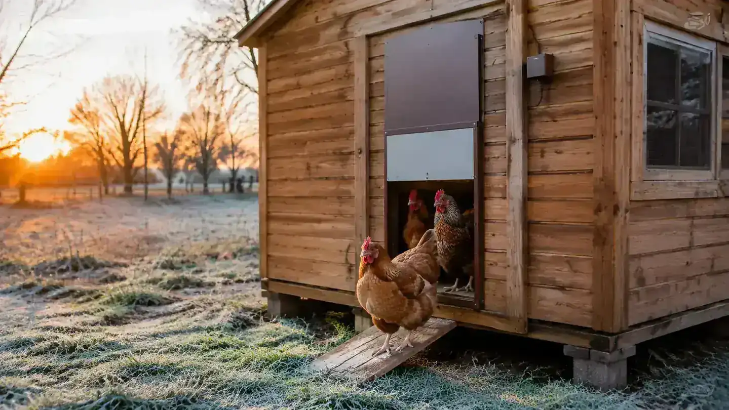 A brown automatic coop door mounted on the side of a wooden chicken coop with hens gathered at the opening in soft morning light.