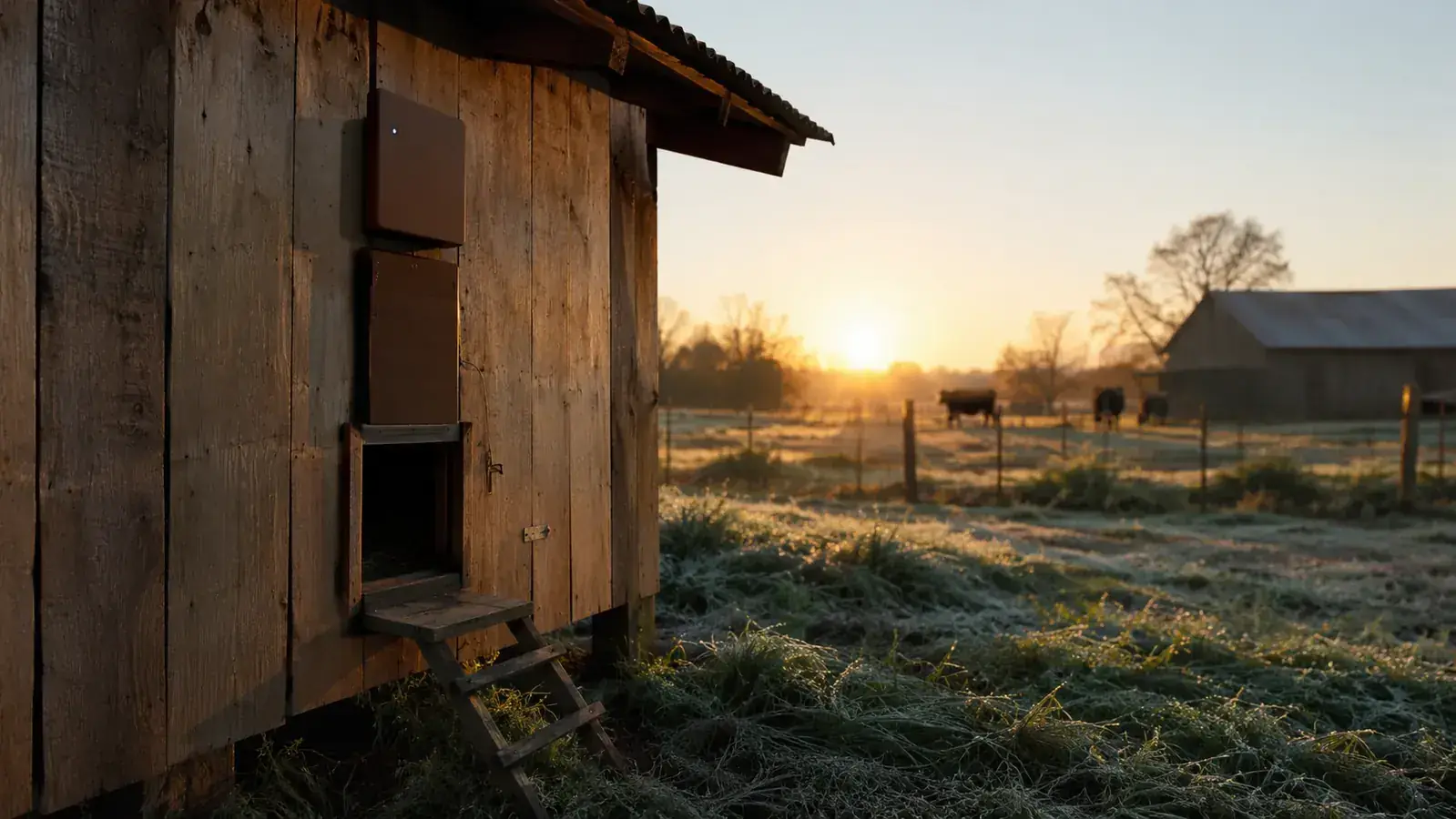 A wooden chicken coop at dawn with a small automatic door panel mounted beside the pop hole, frost on the grass
