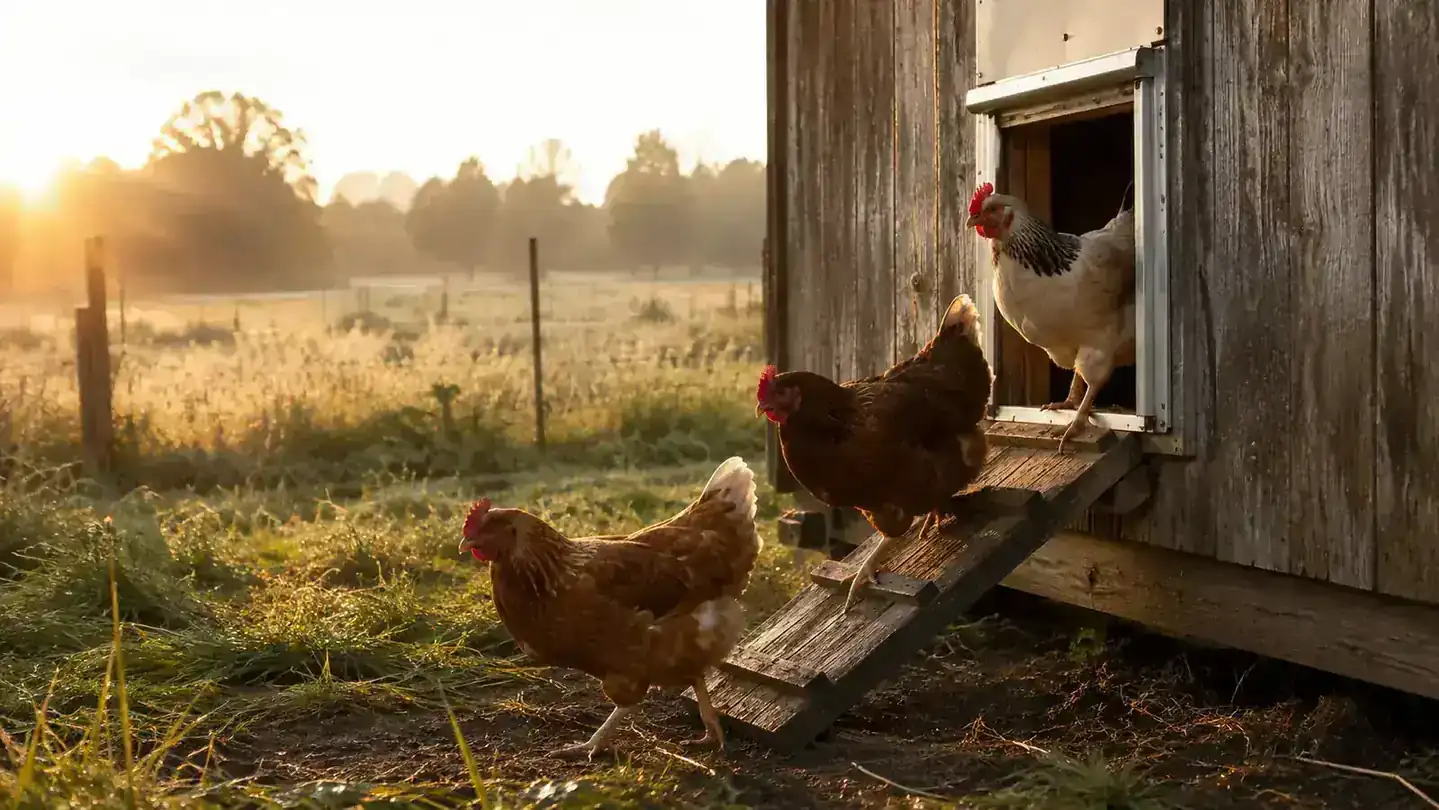 An aluminum automatic coop door standing open on a weathered wooden coop at first light, hens filing out into a green yard