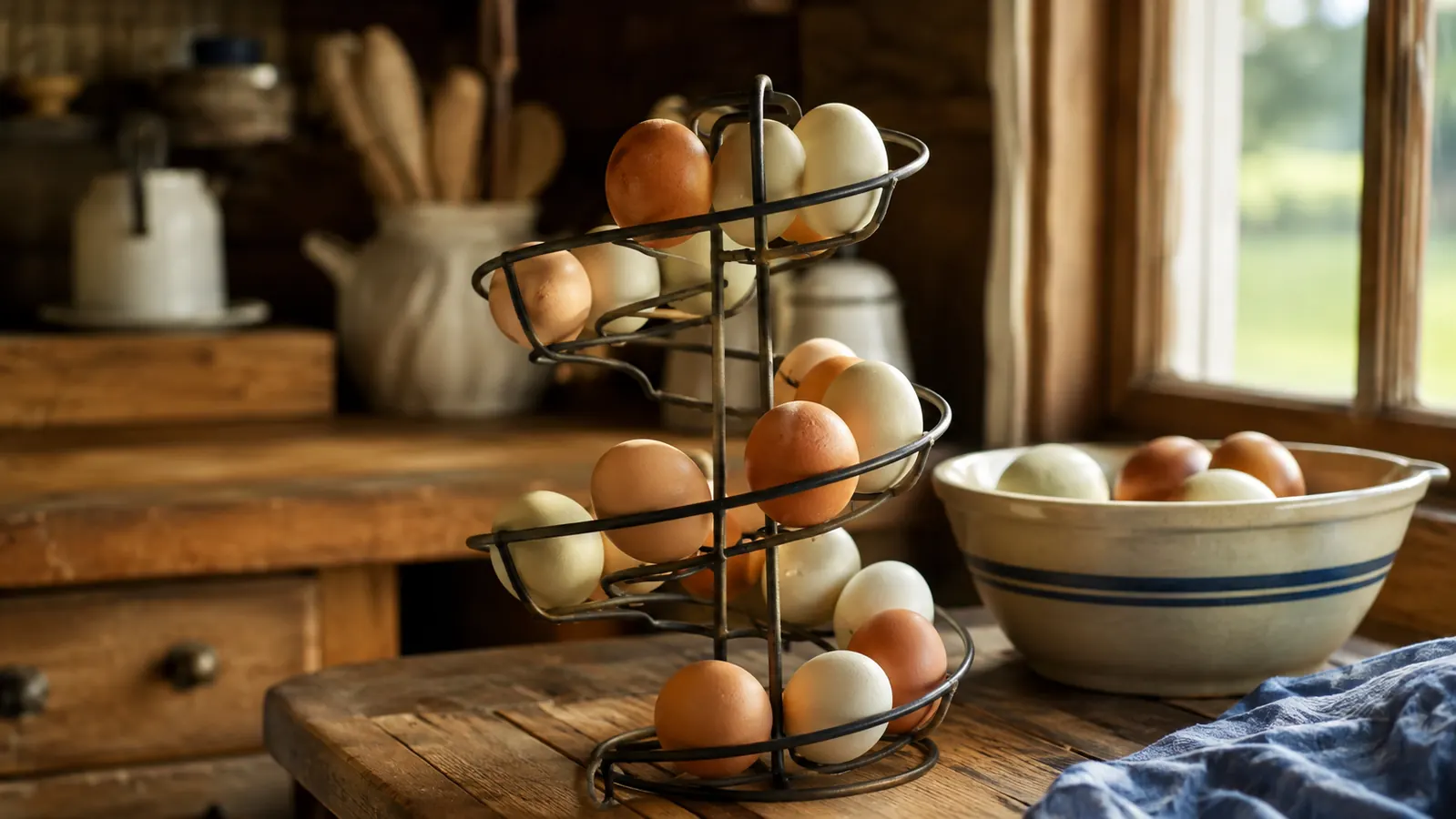 A spiral metal egg skelter full of fresh brown and cream eggs on a worn farmhouse kitchen counter in warm morning light