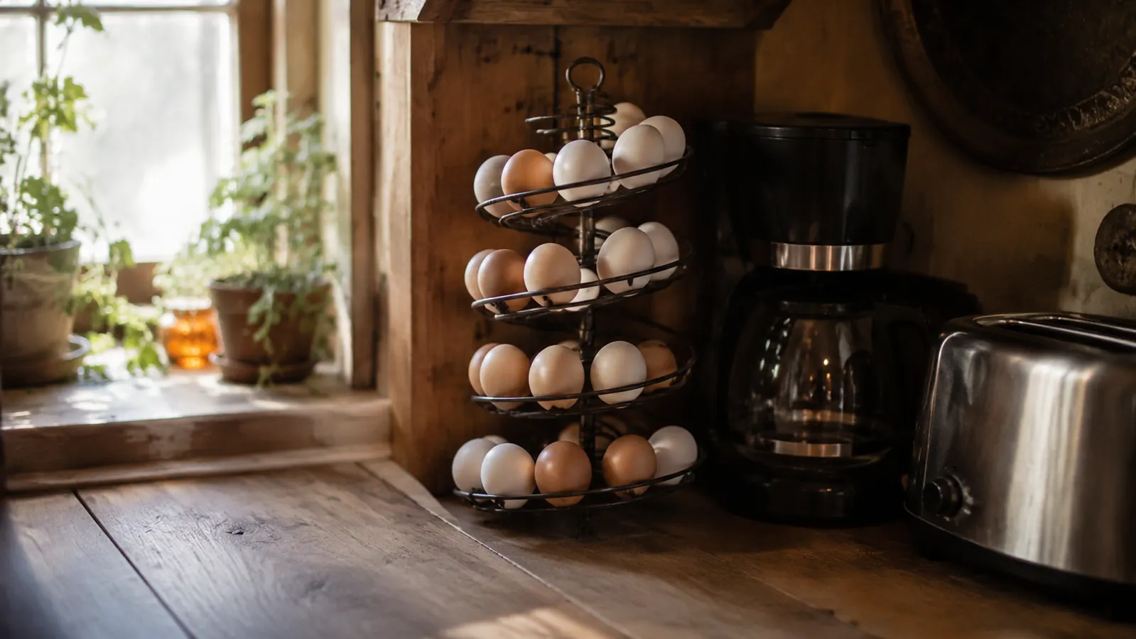A compact spiral metal egg skelter holding about eighteen brown and cream eggs on a farmhouse kitchen counter in morning light