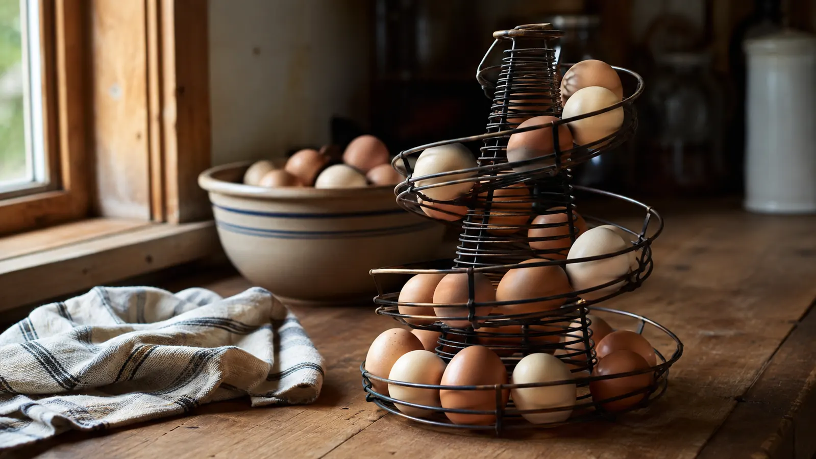 A spiral metal egg skelter full of fresh brown eggs on a farmhouse kitchen counter in warm morning light