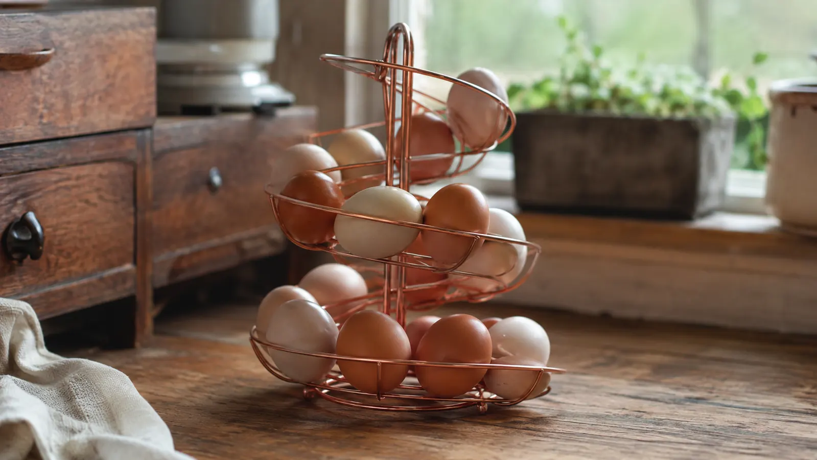 A dozen fresh eggs in a rose gold spiral egg skelter on a farmhouse wooden kitchen counter in warm morning light